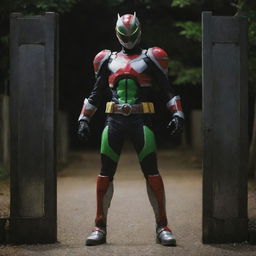 Edit previous image to show Kamen Rider Z Gail using his transformation belt and stepping through a gate as part of his transformation process, illuminated in suspenseful lighting.