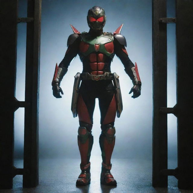 Edit previous image to show Kamen Rider Z Gail using his transformation belt and stepping through a gate as part of his transformation process, illuminated in suspenseful lighting.