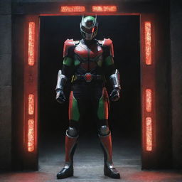 Edit previous image to show Kamen Rider Z Gail using his transformation belt and stepping through a gate as part of his transformation process, illuminated in suspenseful lighting.