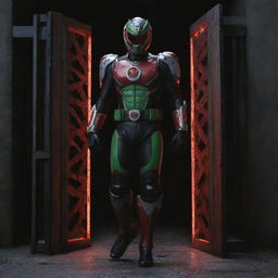 Edit previous image to show Kamen Rider Z Gail using his transformation belt and stepping through a gate as part of his transformation process, illuminated in suspenseful lighting.