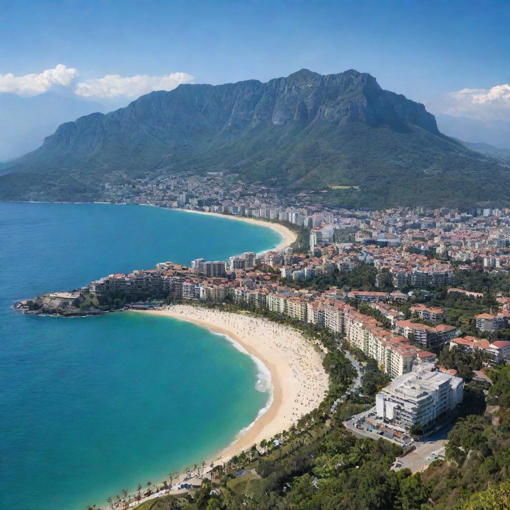 An image of a breathtaking city, majestically located where the beaches meet the mountains, with urban architecture blending seamlessly into the natural beauty.