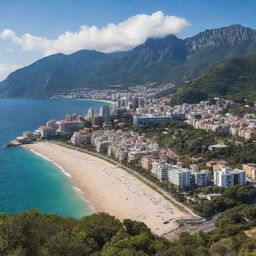 An image of a breathtaking city, majestically located where the beaches meet the mountains, with urban architecture blending seamlessly into the natural beauty.