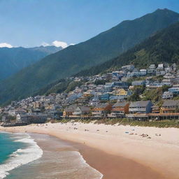 A striking image contrasting a quaint mountain town with a bustling city on a beach, illustrating the vast differences and unique beauty of both landscapes.