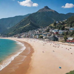 A striking image contrasting a quaint mountain town with a bustling city on a beach, illustrating the vast differences and unique beauty of both landscapes.