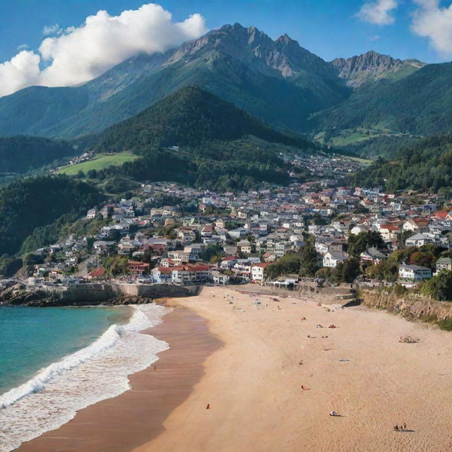 A striking image contrasting a quaint mountain town with a bustling city on a beach, illustrating the vast differences and unique beauty of both landscapes.