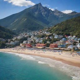 A striking image contrasting a quaint mountain town with a bustling city on a beach, illustrating the vast differences and unique beauty of both landscapes.