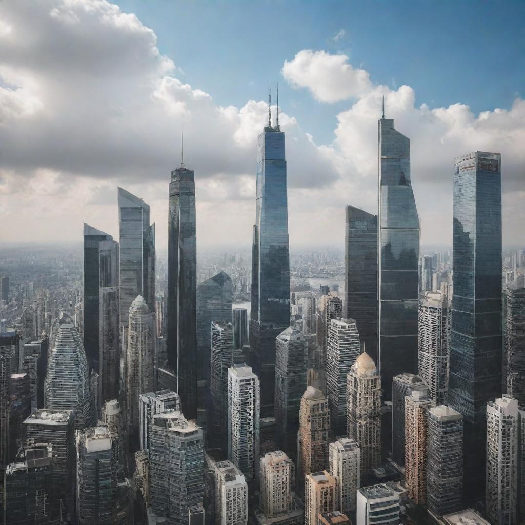 An image featuring a modern cityscape filled with towering skyscrapers, showcasing their magnificence against the sky.