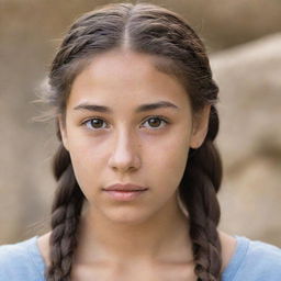 A teenage girl with long, braided brown hair and deep brown eyes, featuring a distinctive limestone skin tone.