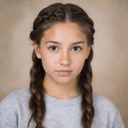 A teenage girl with long, braided brown hair and deep brown eyes, featuring a distinctive limestone skin tone.