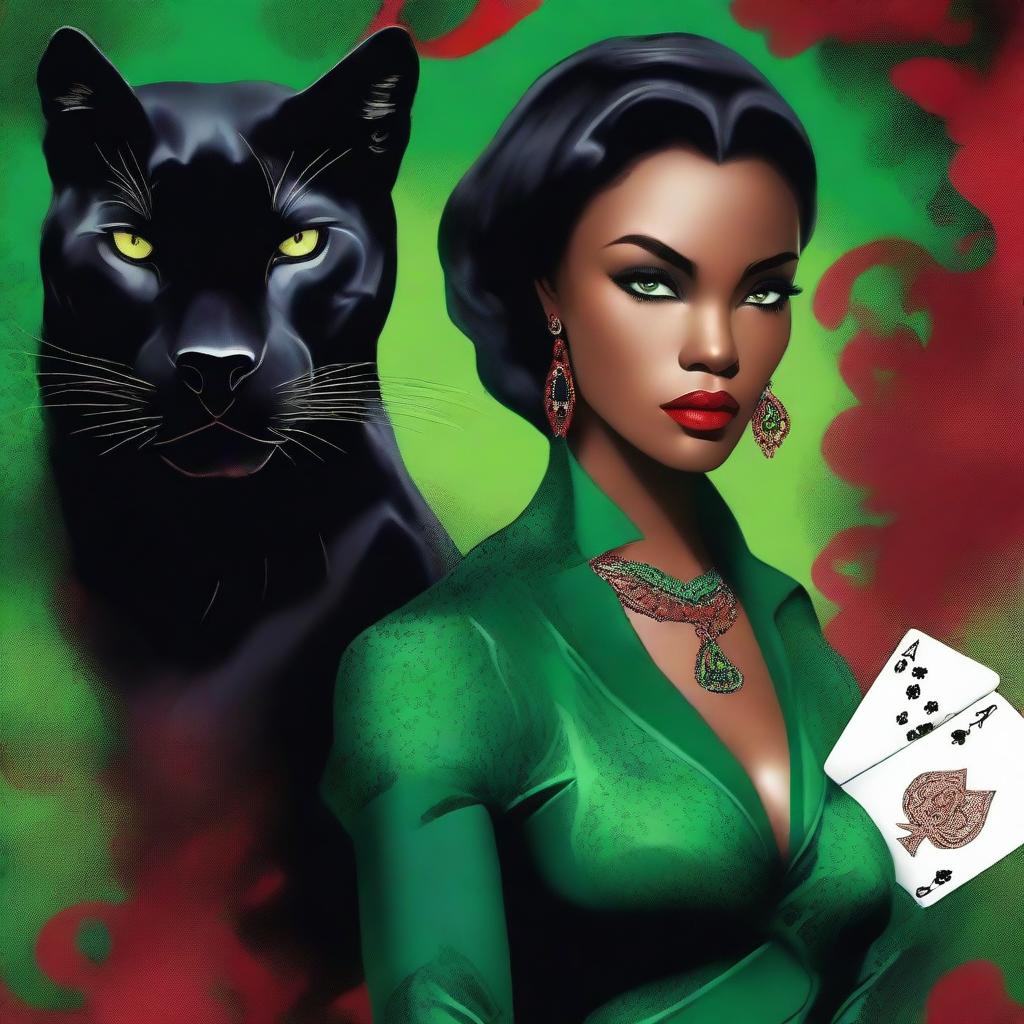 A digital art image capturing a powerful mafiosa woman standing assertively, her striking green eyes mirroring those of a black panther beside her