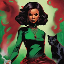 A digital art image capturing a powerful mafiosa woman standing assertively, her striking green eyes mirroring those of a black panther beside her