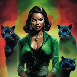 A digital art image capturing a powerful mafiosa woman standing assertively, her striking green eyes mirroring those of a black panther beside her