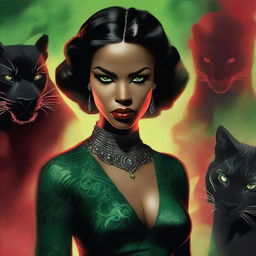 A digital art image capturing a powerful mafiosa woman standing assertively, her striking green eyes mirroring those of a black panther beside her