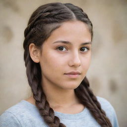 A teenage girl with long, braided brown hair and deep brown eyes, featuring a distinctive limestone skin tone.