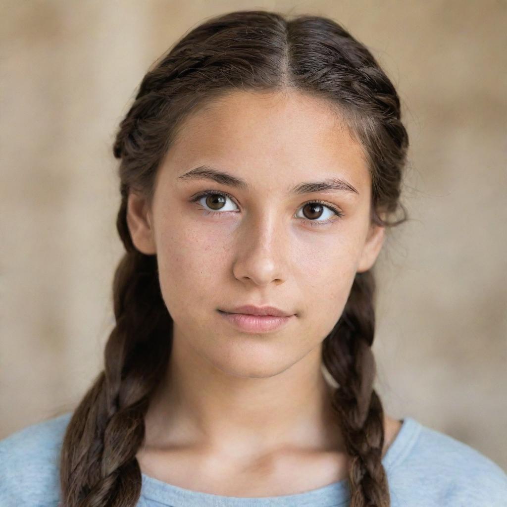 A teenage girl with long, braided brown hair and deep brown eyes, featuring a distinctive limestone skin tone.