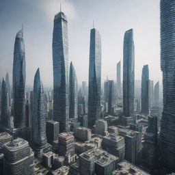 An image depicting a futuristic cityscape, filled with uniquely designed, strange skyscrapers that defy typical architectural conventions.