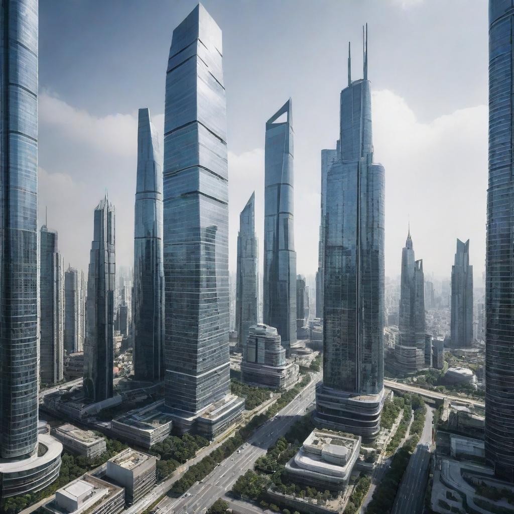 An image depicting a futuristic cityscape, filled with uniquely designed, strange skyscrapers that defy typical architectural conventions.