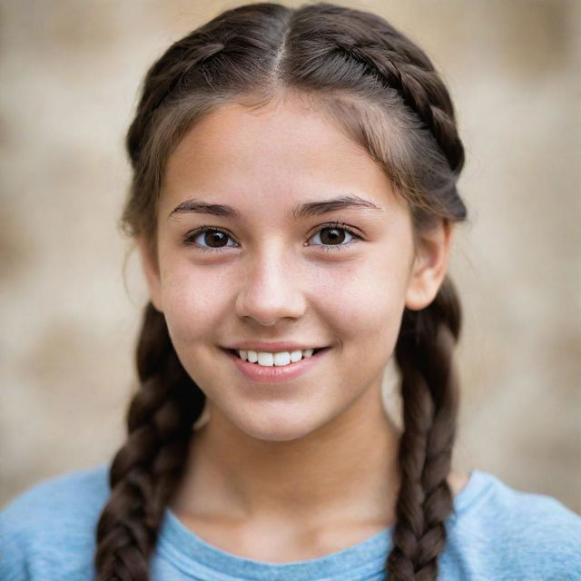 A teenage girl with braided long brown hair, deep brown eyes, distinctive limestone skin tone, accentuated by charming dimples.