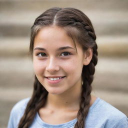 A teenage girl with braided long brown hair, deep brown eyes, distinctive limestone skin tone, accentuated by charming dimples.