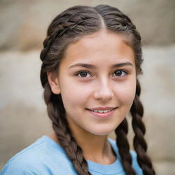 A teenage girl with braided long brown hair, deep brown eyes, distinctive limestone skin tone, accentuated by charming dimples.