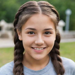 A teenage girl with braided long brown hair, deep brown eyes, distinctive limestone skin tone, accentuated by charming dimples.