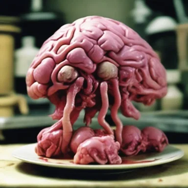 The horror movie depicted a scene where a character stumbled upon a plate of cooked brain of certain animals.