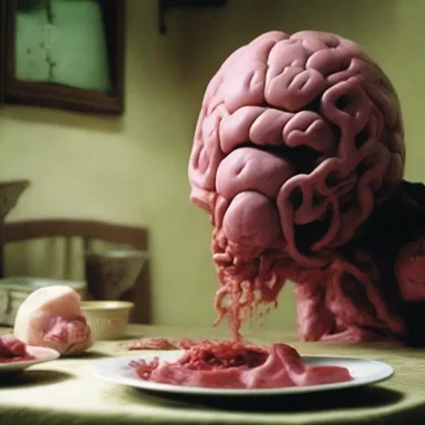 The horror movie depicted a scene where a character stumbled upon a plate of cooked brain of certain animals.