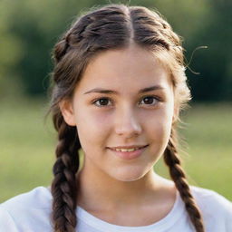 A teenage girl with long, braided brown hair and deep brown eyes, featuring an ivory skin tone, complemented by charming dimples.