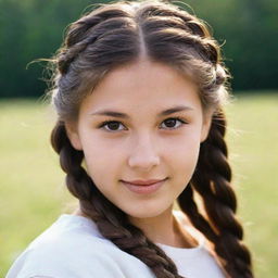 A teenage girl with long, braided brown hair and deep brown eyes, featuring an ivory skin tone, complemented by charming dimples.