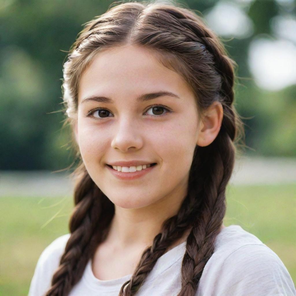 A teenage girl with long, braided brown hair and deep brown eyes, featuring an ivory skin tone, complemented by charming dimples.