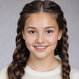 A teenage girl with long, braided brown hair and deep brown eyes, featuring an ivory skin tone, complemented by charming dimples.