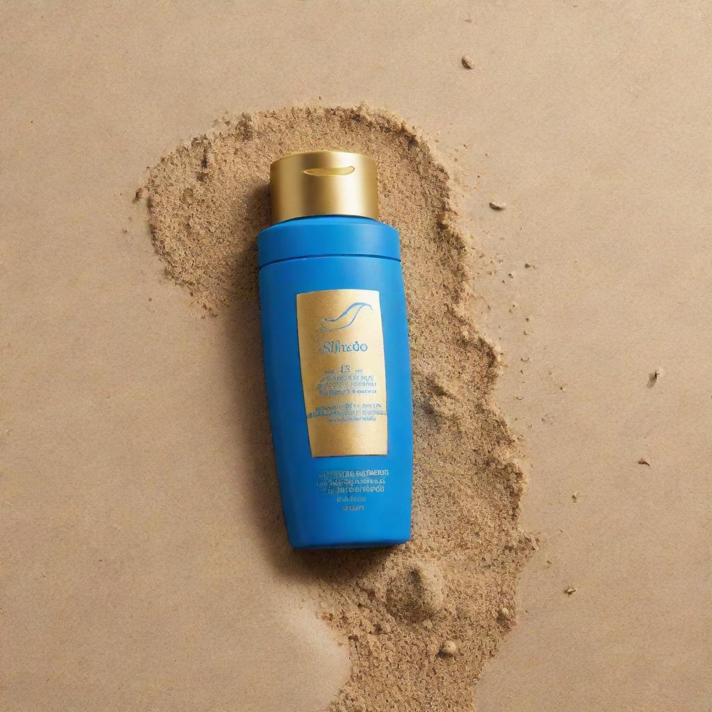 Shiseido-like sunscreen design. Primary color: blue, with golden letters. Extra detail: surrounded by sand, located on a beach.