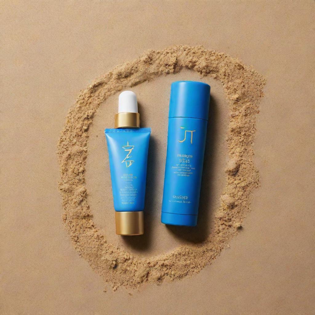 Shiseido-like sunscreen design. Primary color: blue, with golden letters. Extra detail: surrounded by sand, located on a beach.