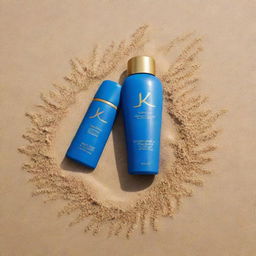 Shiseido-like sunscreen design. Primary color: blue, with golden letters. Extra detail: surrounded by sand, located on a beach.