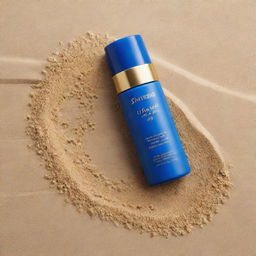 Shiseido-like sunscreen design. Primary color: blue, with golden letters. Extra detail: surrounded by sand, located on a beach.