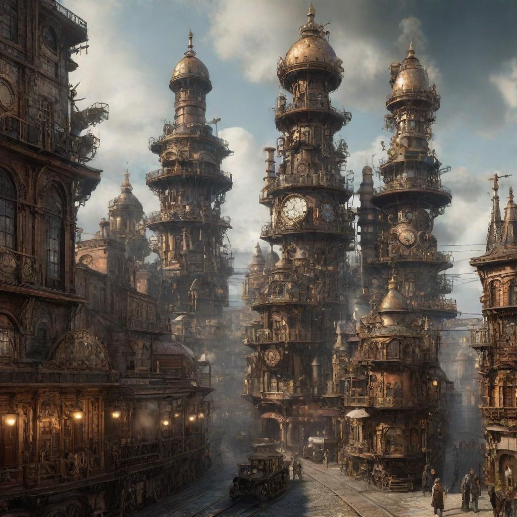 An image portraying a Steampunk-inspired futuristic city, bristling with Victorian aesthetics merged with steam-powered technology, metal gears, and intricate clockwork structures.