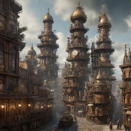 An image portraying a Steampunk-inspired futuristic city, bristling with Victorian aesthetics merged with steam-powered technology, metal gears, and intricate clockwork structures.