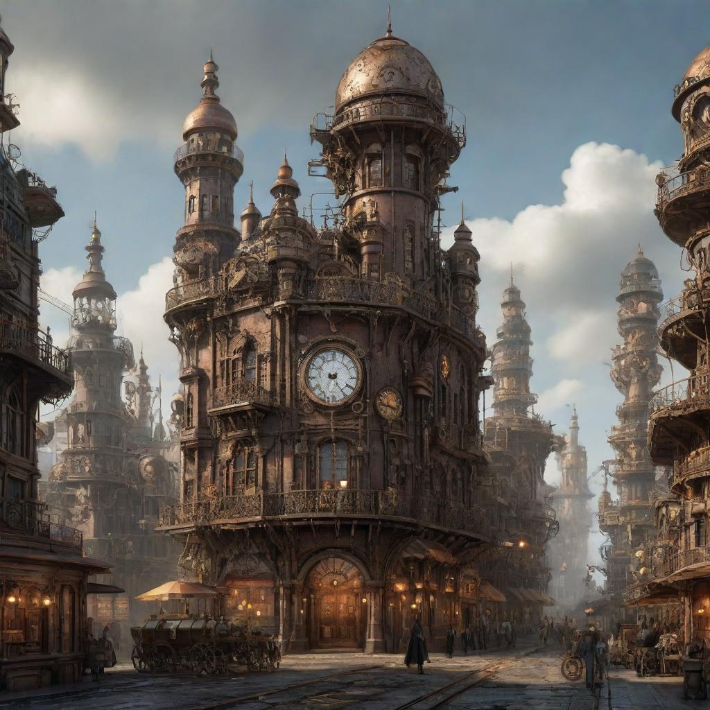 An image portraying a Steampunk-inspired futuristic city, bristling with Victorian aesthetics merged with steam-powered technology, metal gears, and intricate clockwork structures.