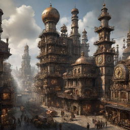 An image portraying a Steampunk-inspired futuristic city, bristling with Victorian aesthetics merged with steam-powered technology, metal gears, and intricate clockwork structures.