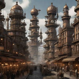 An image portraying a Steampunk-inspired futuristic city, bristling with Victorian aesthetics merged with steam-powered technology, metal gears, and intricate clockwork structures.