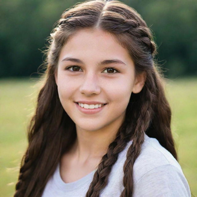 An 18-year-old teenager with long, braided brown hair, deep brown eyes, an ivory skin tone, and charming dimples.