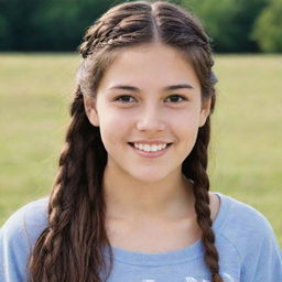 An 18-year-old teenager with long, braided brown hair, deep brown eyes, an ivory skin tone, and charming dimples.