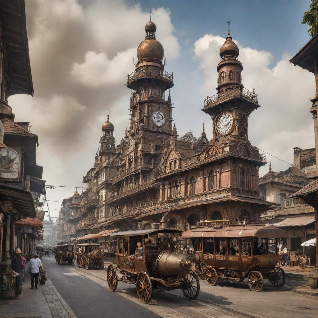 A unique image of an Indonesian city, transformed with Steampunk elements, blending traditional Indonesian architecture with Victorian-inspired, steam-powered technology.