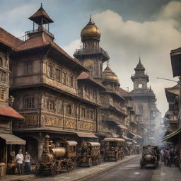 A unique image of an Indonesian city, transformed with Steampunk elements, blending traditional Indonesian architecture with Victorian-inspired, steam-powered technology.