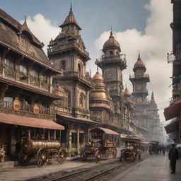 A unique image of an Indonesian city, transformed with Steampunk elements, blending traditional Indonesian architecture with Victorian-inspired, steam-powered technology.