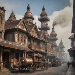 A unique image of an Indonesian city, transformed with Steampunk elements, blending traditional Indonesian architecture with Victorian-inspired, steam-powered technology.