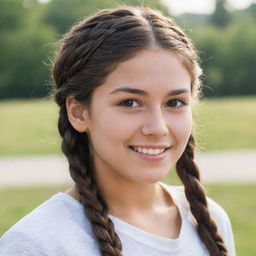 A 20-year-old individual with long, braided brown hair, deep brown eyes, an ivory skin tone, and charming dimples.