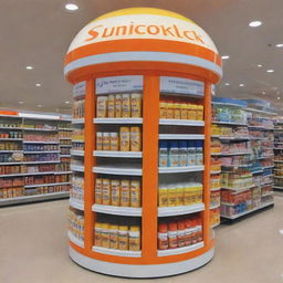 A gargantuan-sized Shiseido-like sunblock on display at a pharmacy. Include a vibrant and engaging point of purchase (POP) island display.