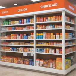 A gargantuan-sized Shiseido-like sunblock on display at a pharmacy. Include a vibrant and engaging point of purchase (POP) island display.