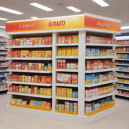 A gargantuan-sized Shiseido-like sunblock on display at a pharmacy. Include a vibrant and engaging point of purchase (POP) island display.